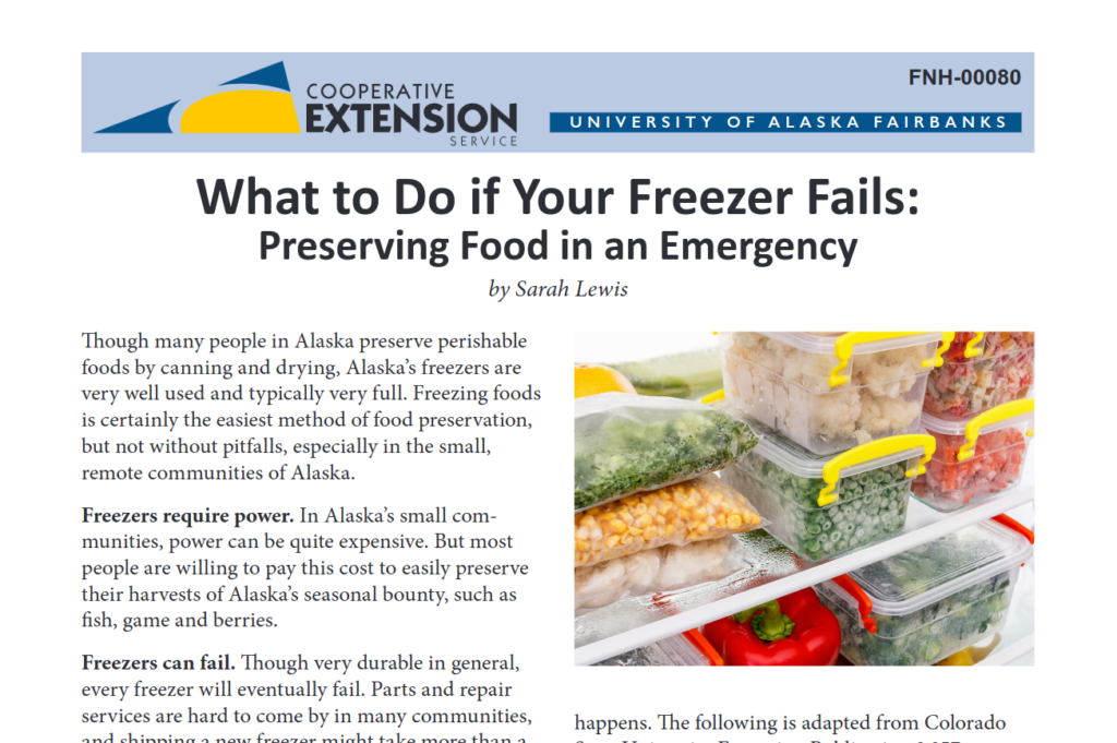 Skärmdump på inledningen av pdf-filen "What to do if your freezer fails" av University of Alaska Fairbanks Extension Service